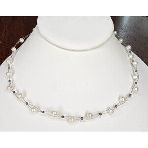 16" Pearl, 925 Silver Bead and 925 Silver Clasp Station Necklace
